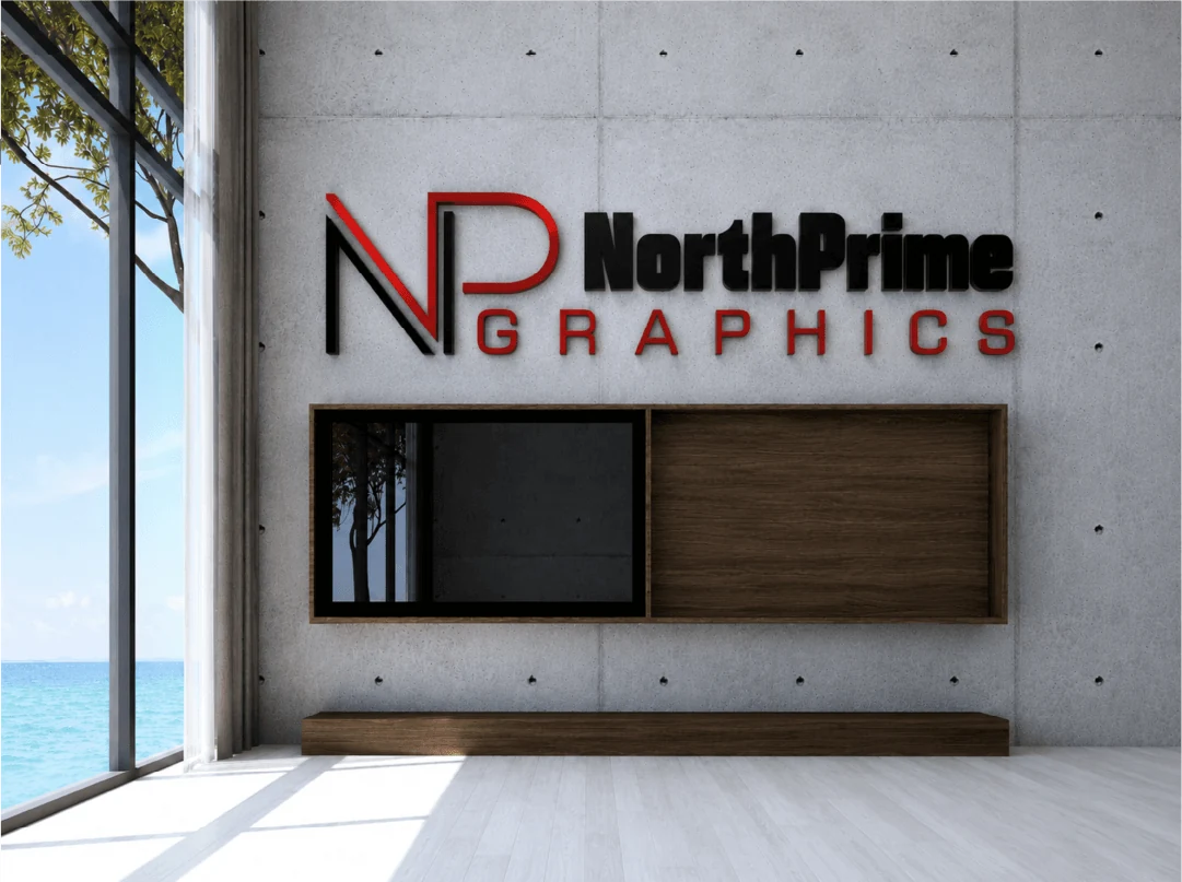 Dimensional North Prime Graphics logo sign mounted on an interior wall