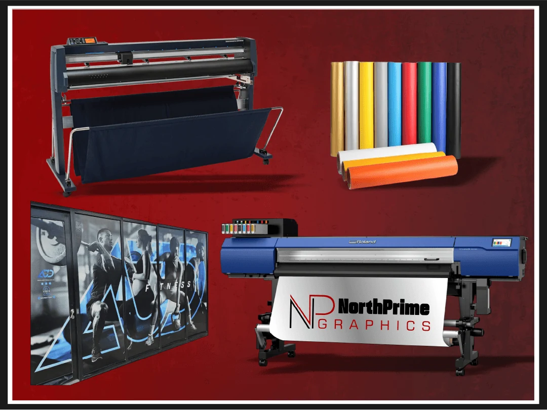 Large-format vinyl cutter, color vinyl rolls, and a printed banner sample