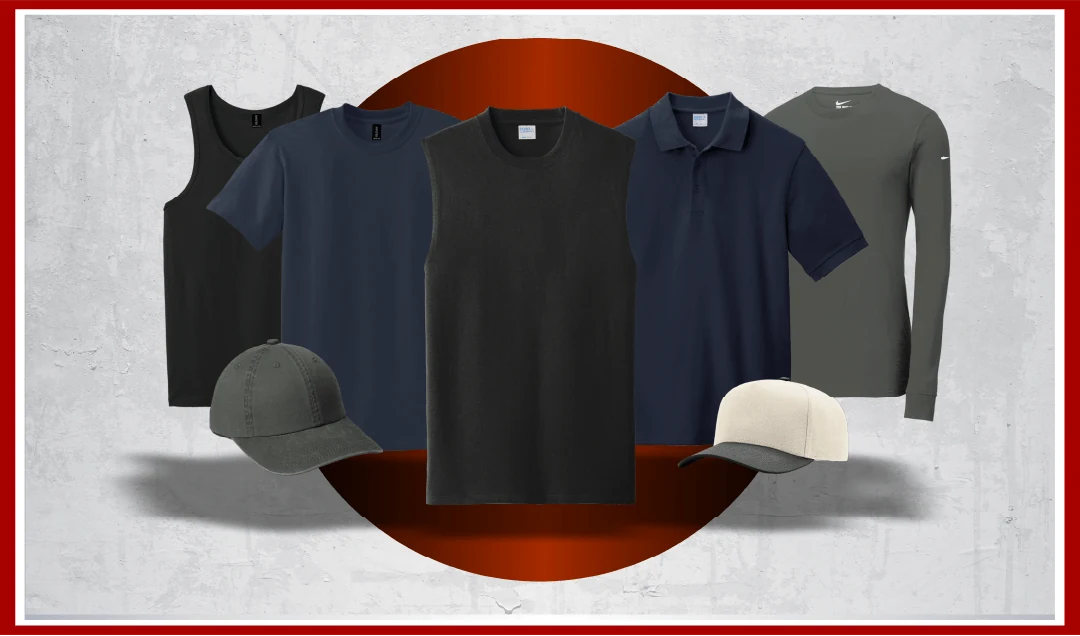 Summer apparel ready for custom printing — tank tops, t-shirts, polos, and caps