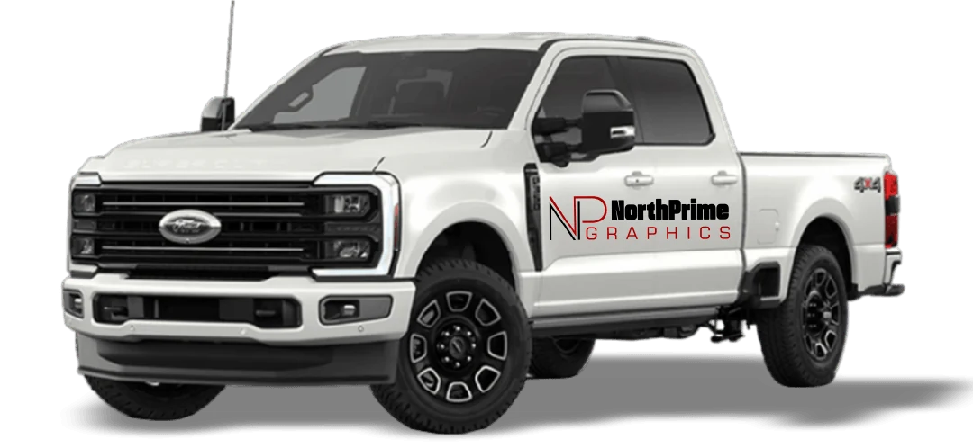 Vehicle door lettering with North Prime Graphics logo on a white pickup truck