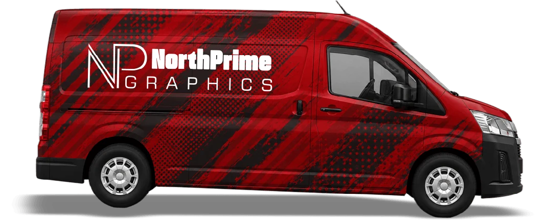 Full-coverage cargo van wrap with North Prime Graphics branding