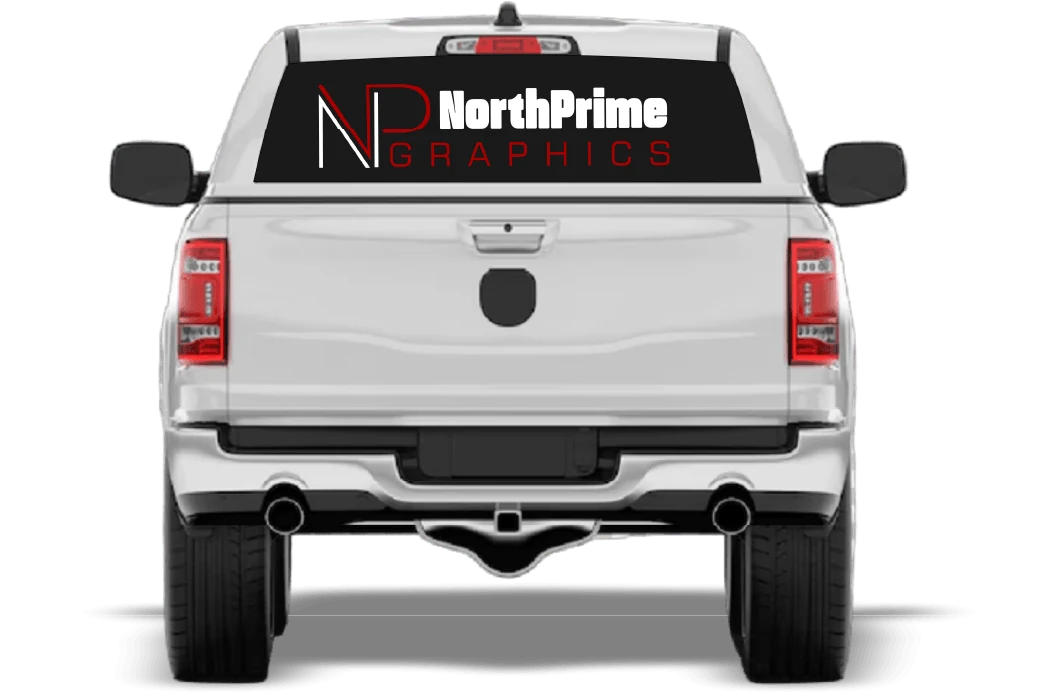 Perforated vinyl graphic on a pickup truck's rear window