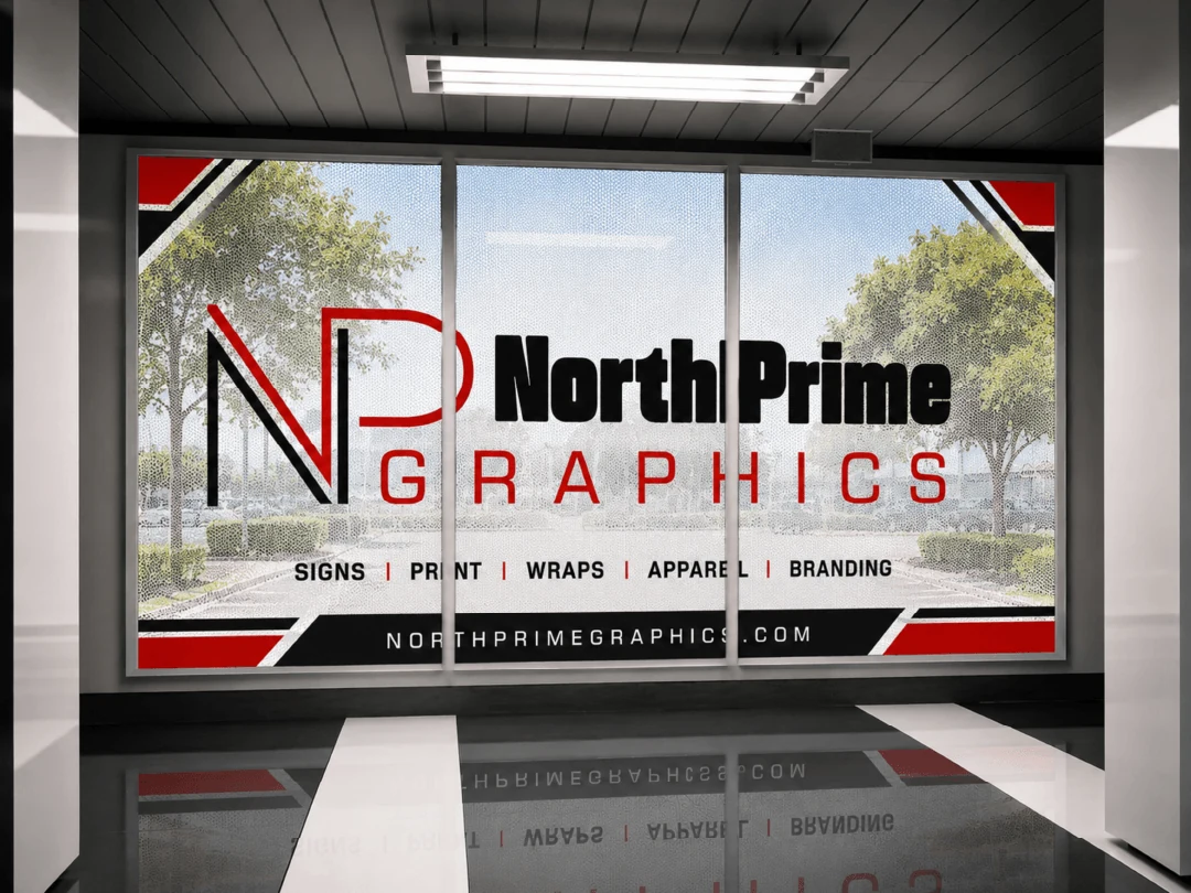 Storefront window graphic featuring North Prime Graphics branding and services