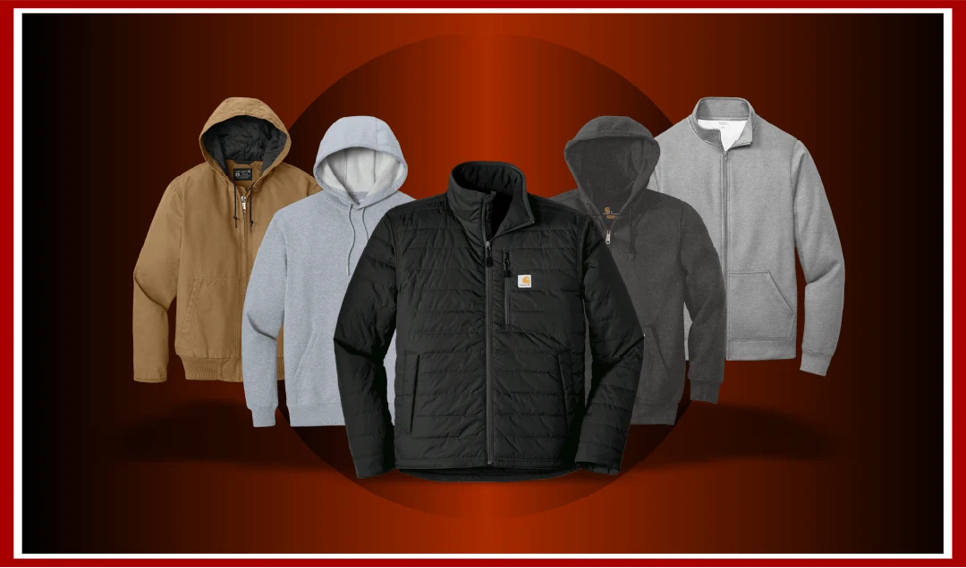 Winter workwear lineup — hoodies, quarter-zips, and insulated jackets ready for embroidery